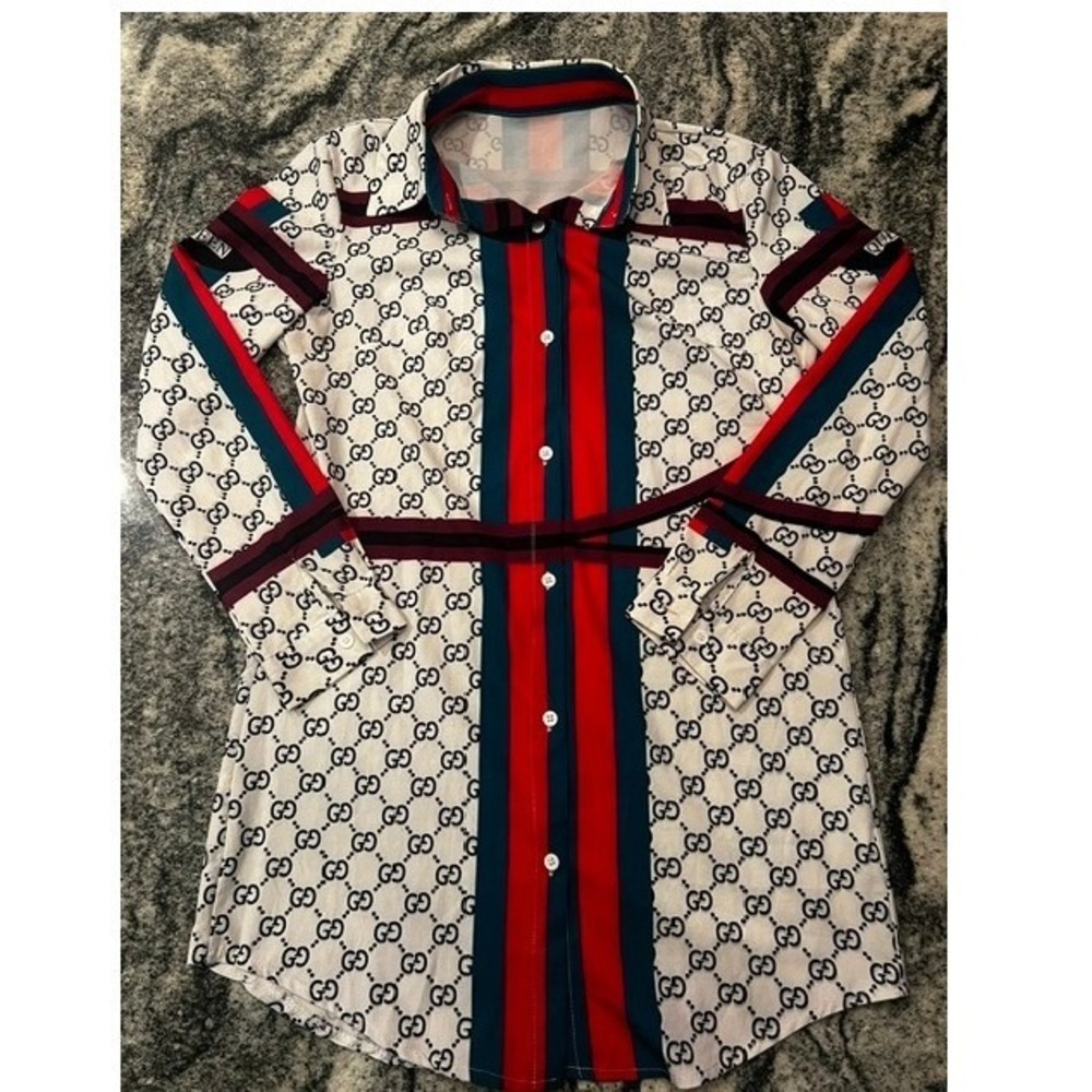 Boutique Monogram Shirt Dress Women M White Red Green Stripe Queen Graphic